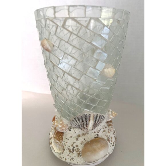 Nautical Vase Candle Holder Decorative Mosaic Glass Seashell Coastal Beach - Picture 1 of 8